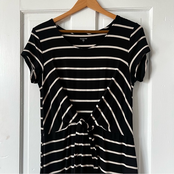 GARNET HILL Black Cream Striped Dress with Waist Tie, Large - Picture 2 of 8